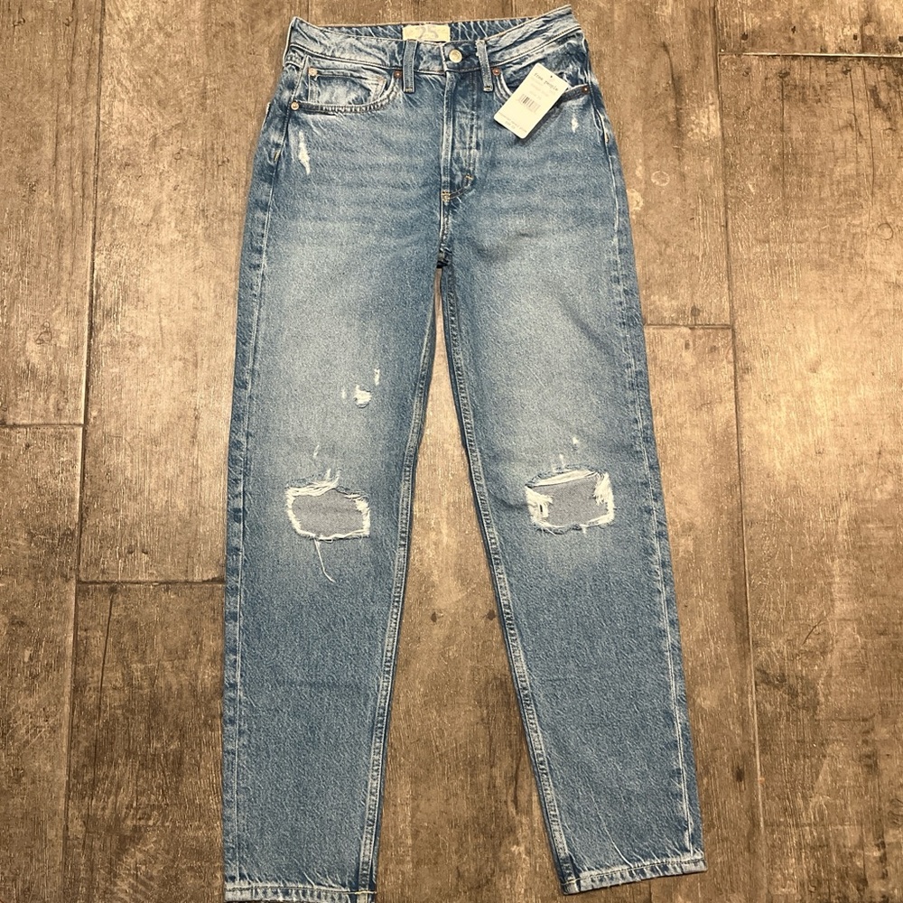 Free People Women High Rise Blue Denim Jeans with Distressed Details
